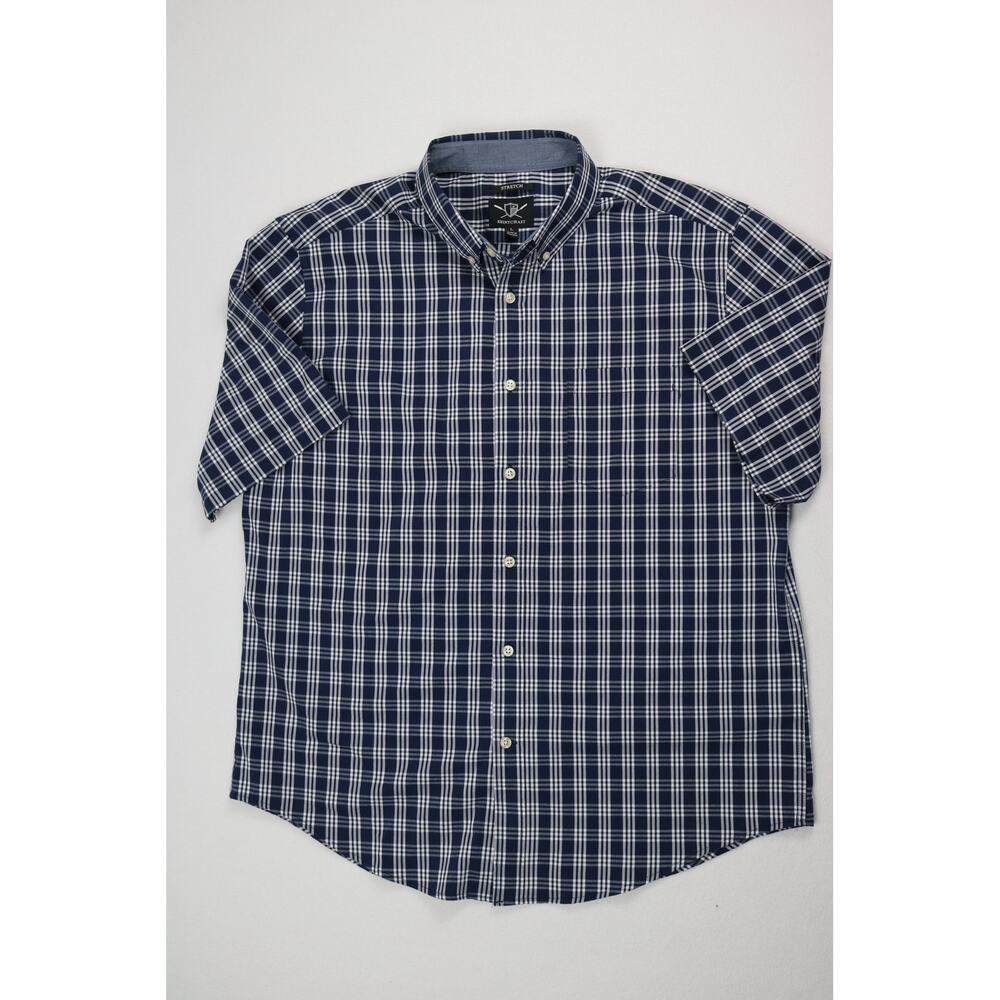 Shirtcraft Men's Size L short sleeve navy blue plaid button-down shirt EUC